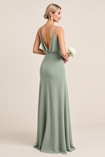 Matcha Sheath Long Spaghetti Straps Bridesmaid Dress with Slit